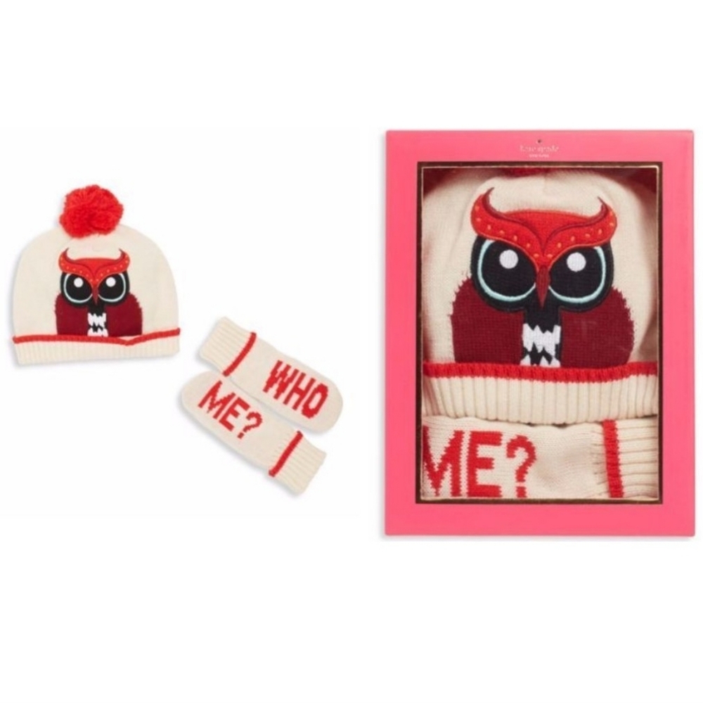 🎄NIB: Kate Spade♠️ Girls "WHO ME"          🦉Owl🦉 Beanie and Mittens Set